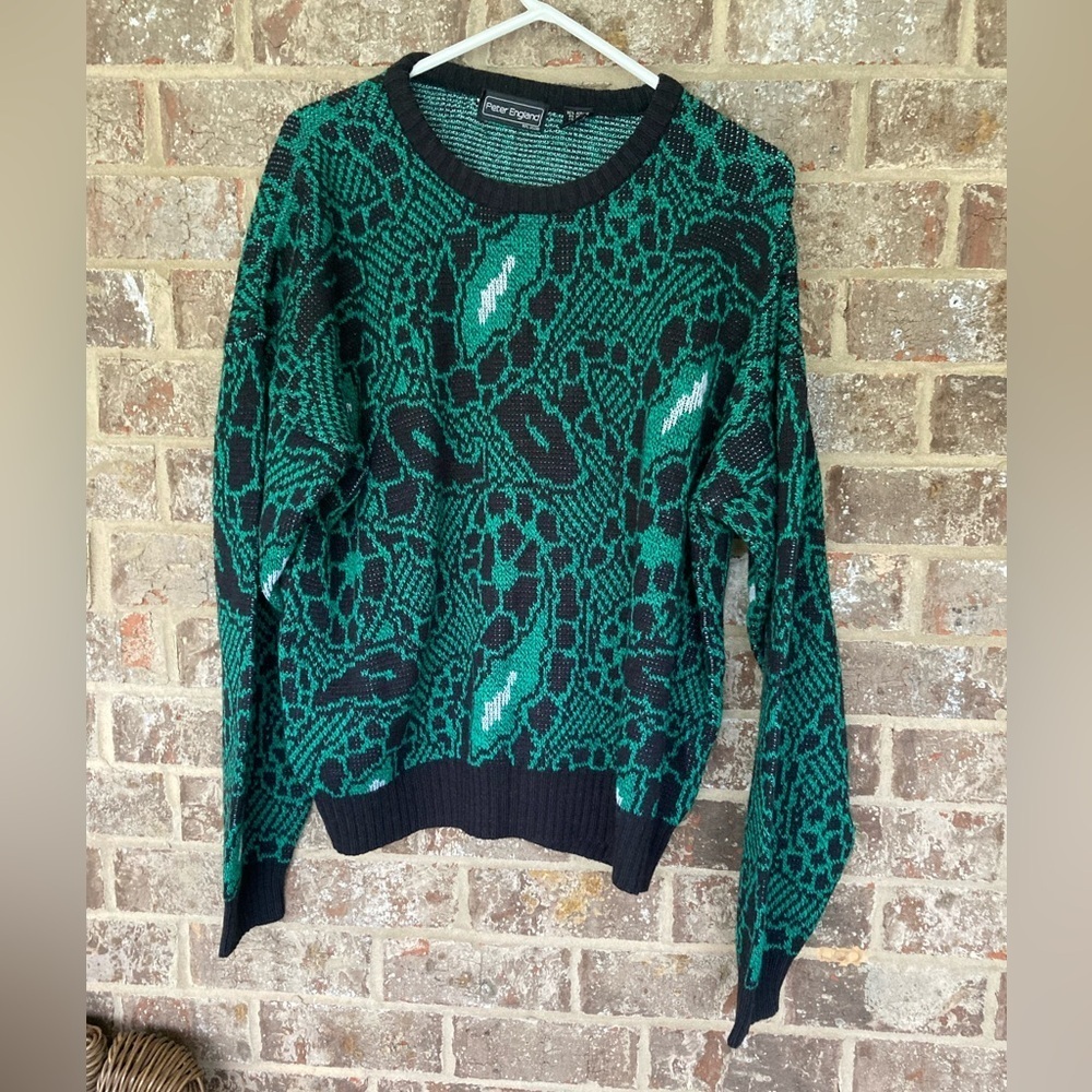 Peter England Vintage Green Black White Paisley Sweater Size XL